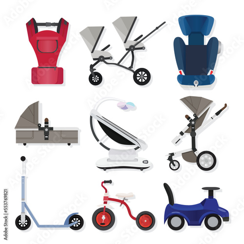 Set of colorful flat design children seats, carriages, prams and bicycles icons with shadows on white background. RGB EPS 10 vector illustrations set