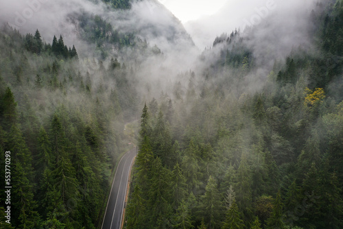 Εκτύπωση καμβά Bicaz pass mountain road high up in the Carpathian Mountains in Romania on a fog