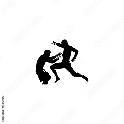 Kickboxers icon. Simple style kickboxing fight tournament poster background symbol. Kickboxers brand logo design element. Kickboxers t-shirt printing. vector for sticker. © Image