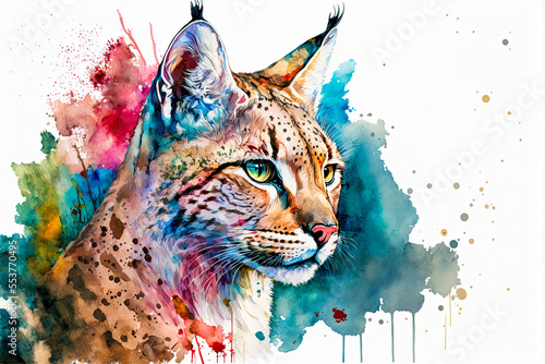 Colorful watercolor painting of a bobcat. Generative AI