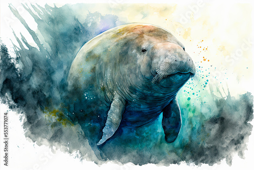 Watercolor painting of a manatee. Generative AI photo