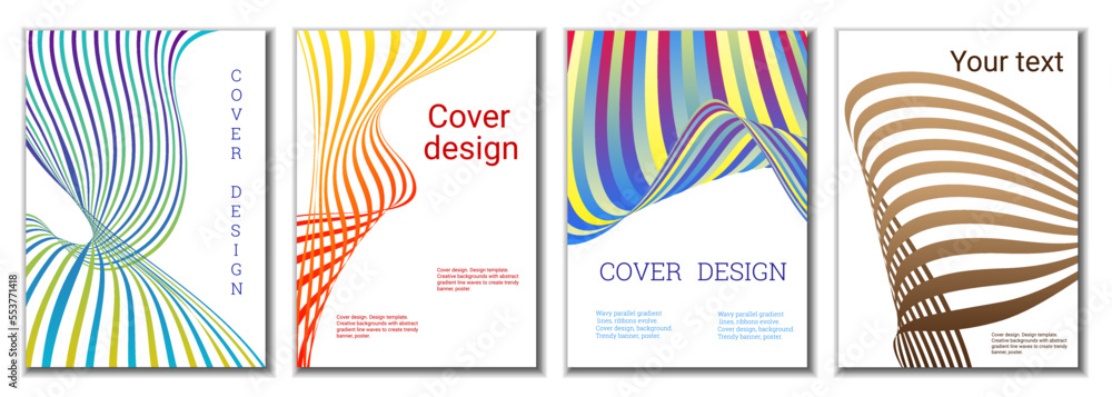 A set of 4 abstract covers. Wavy parallel gradient lines, ribbons evolve. Cover design, background. Trendy banner, poster. A set of 4 abstract covers. Wavy parallel gradient lines, ribbons evolve. Cover design, background. Trendy banner, poster.