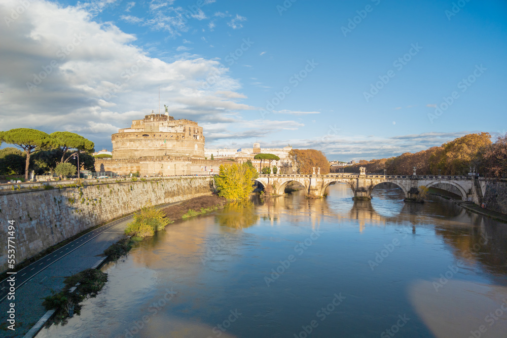 Rome (Italy) - The Tiber river and the monumental Lungotevere street in the metropolitan capital of Italy. Here in particular the Castel Sant'Angelo old fortress. Rome (Italy) - The Tiber river and the monumental Lungotevere street in the metropolitan capital of Italy. Here in particular the Castel Sant'Angelo old fortress.