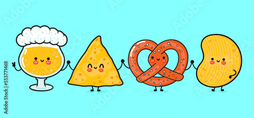 Cute, funny happy glass of beer, nachos, chips, pretzel. Vector hand drawn cartoon kawaii characters, illustration icon. Funny cartoon glass of beer, nachos pretzel chips mascot friends concept