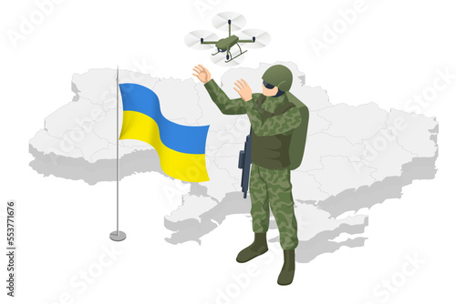 Isometric Ukrainian soldier on the background of the map of Ukraine and the national frag. Special Forces Soldier Police, Swat Team Member. Army, military and people concept