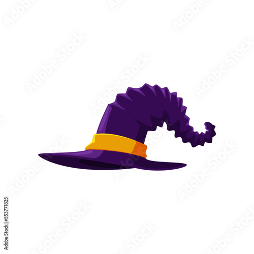 Purple witch hat for Halloween cartoon illustration. Carnival headdress or costume element, magician, wizard, sorcerer hat. Holiday, party, masquerade, witchcraft, fantasy concept