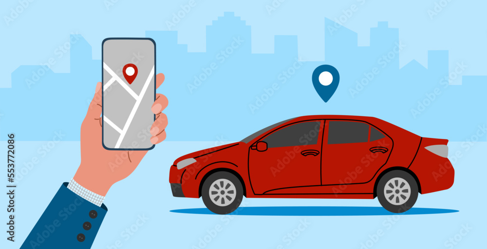 Naklejka premium Car sharing or car rental service concept. Hand holds smartphone with route and point location on a city map and red modern car. Flat vector illustration isolated on blue background.