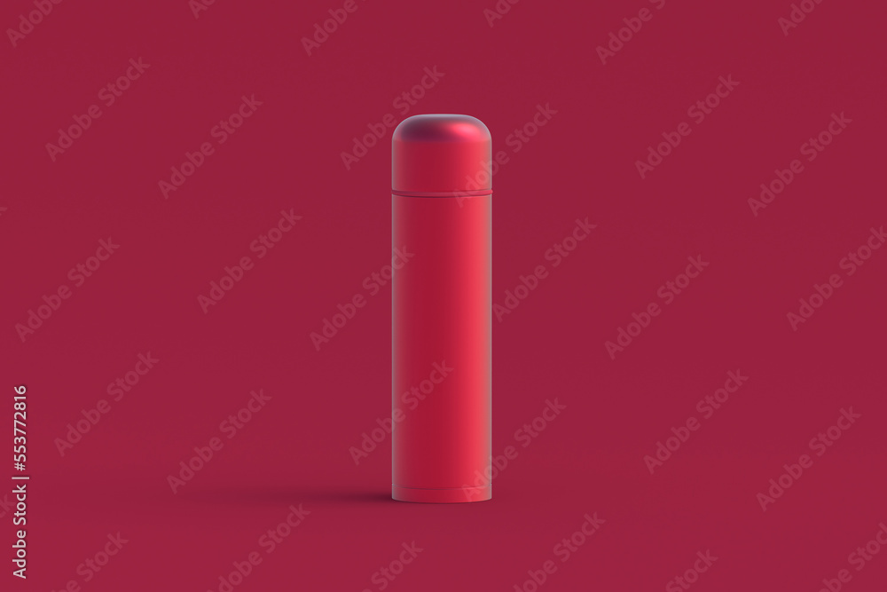 Thermos of magenta on red background. Color of the year 2023. 3d render Thermos of magenta on red background. Color of the year 2023. 3d render
