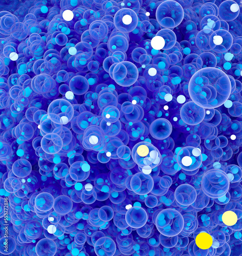 3d render of abstract art 3d background texture with festive small balls spheres bubbles particles blue azure white yellow mix color