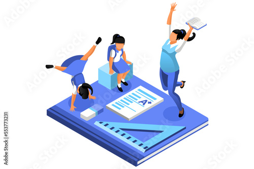 School students and teachers a group of people standing on top of a book vector illustration. Adults working with children and young people in school classroom. Isometric Woman with teenager girls.