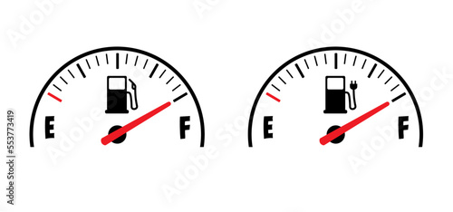 Cartoon fuel gauge. Car flling station. Petrol pump or electric plug meter. Electrical cable with pump. Gas station, bio fuel pump station or biodiesel. Biofuel indicator. Scale, level with arrow.