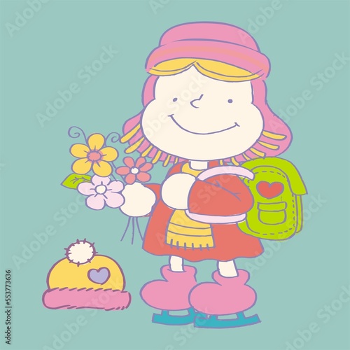 girl backpack and flowers, print for children's clothing, illustration, creation, graphic design for baby fashion