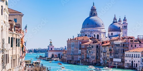 View from the Ponte dell'Accademia, Grand Canal and Santa Maria della Salute, Saint Mary of Health, commonly known simply as the Salute. Venice, Veneto, Italy, Europe