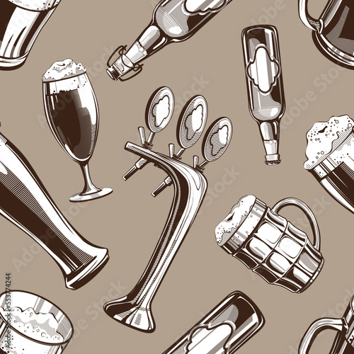 Hand drawn vintage black and white beer theme illustrations seamless pattern on beige background. RGB EPS 10 vector elements set photo