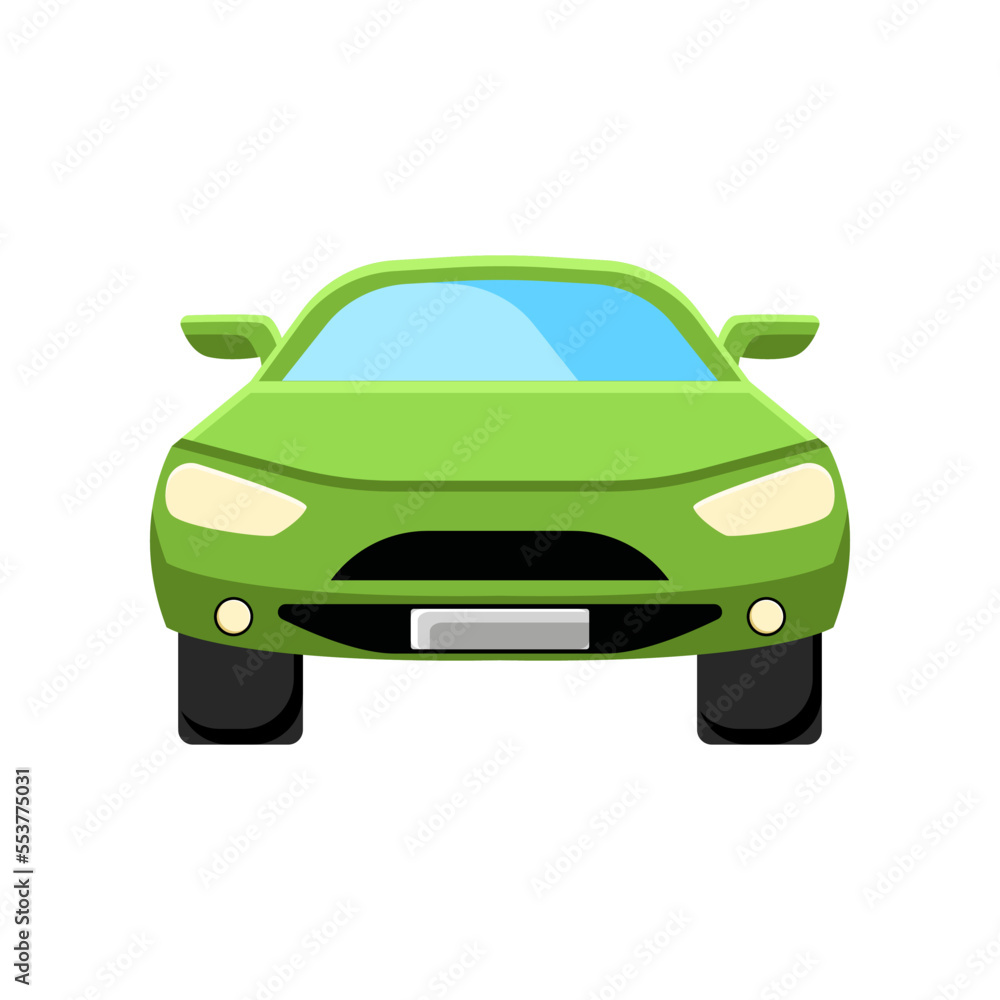 Front view of bright green car vector illustration. Green modern car isolated on white background. Transport, transportation, traveling concept