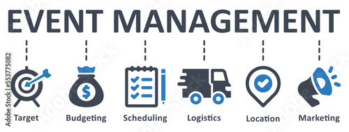 Event management icon - vector illustration . event, management, target, budgeting, scheduling, logistics, location, marketing, infographic, template, presentation, concept, banner, icon set, icons .