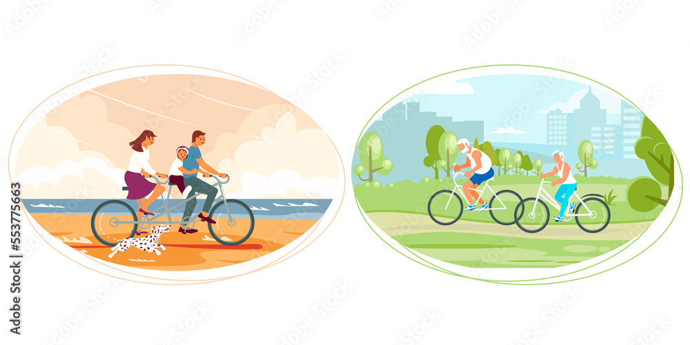 Set of different cyclist in various situations