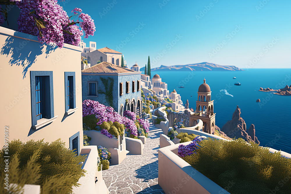 beautiful greek island with a ancient village, mediterranean greece landscape with ocean and blue sky - obrazy, fototapety, plakaty 