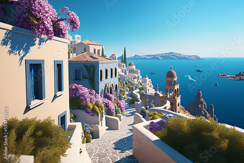 beautiful island with a ancient village, mediterranean greece landscape with ocean and blue sky, fictional landscape created with generative ai