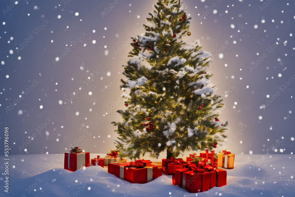 Obraz premium Realistic illustration of decorated fir tree under snow, using generative ai