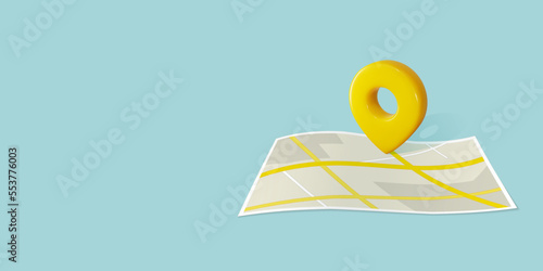 Locator mark on city map shows destination, address, geo position, gps coordinates. 3d pin icon placed on street crossroads as direction point.