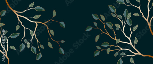 Botanical art vector. Elegant design of golden branches, green and blue leaves on a dark background. Art deco for print, decor, banner, fabric.
