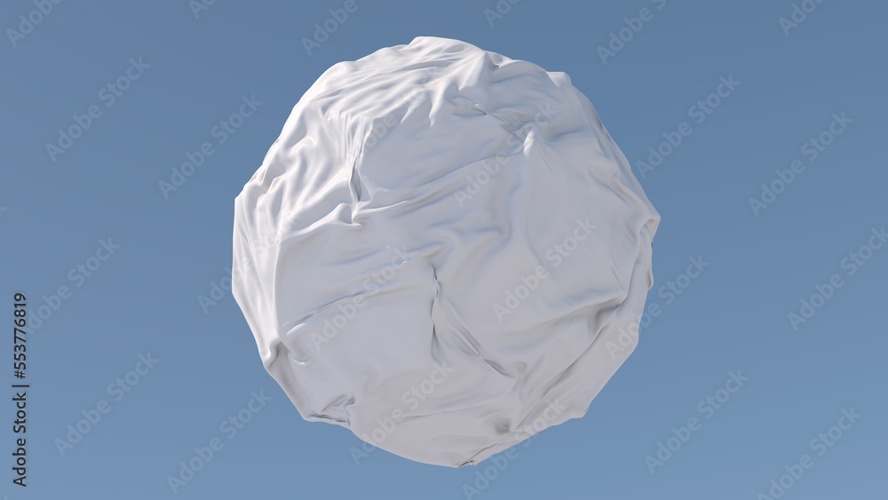 White sphere, cloth effect. Blue background. Abstract illustration, 3d render.