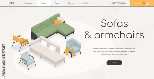 Sofas and armchairs - line design style isometric web banner