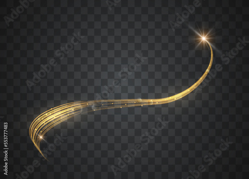 Golden glowing shiny lines effect. Glowing magic fire trace. Magic golden light effect with curve trail. Vector illustration.