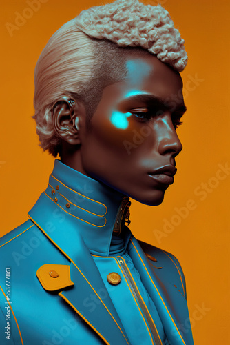 Cyber, futuristic, illustrated portrait of young man in a modern robotic metal pastel yellow suit. Closeup, fashion background. Generative AI.