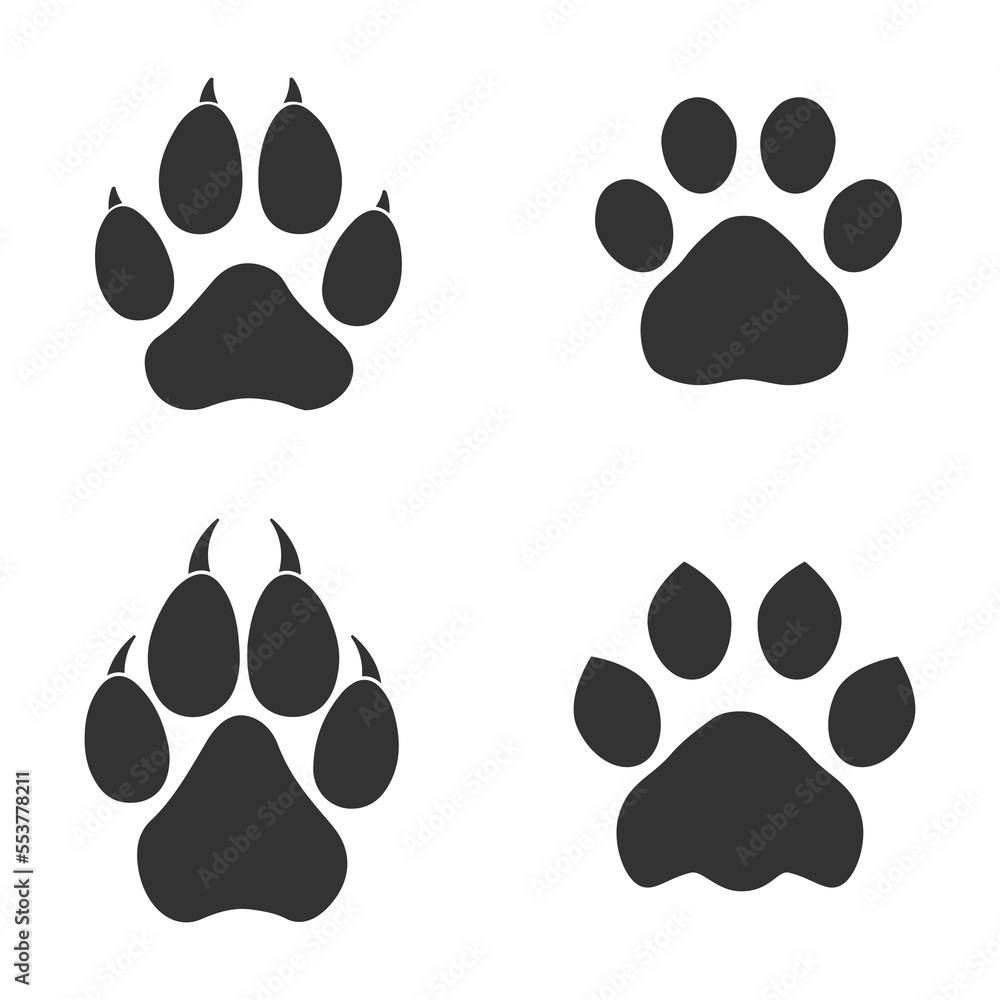 Fototapeta premium Set of animal paws in gray. Different animal paw print vector illustrations for your web site design, logo, app, UI. EPS10.