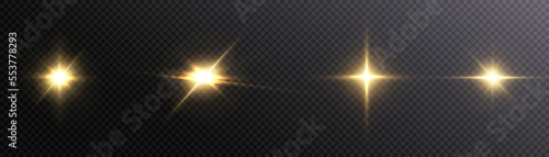 Set of light effects golden glowing light isolated on transparent background. Solar flare with rays and glare. Glow effect. Starburst with shimmering sparkles.