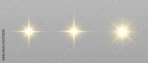 Set of light effects golden glowing light isolated on transparent background. Solar flare with rays and glare. Glow effect. Starburst with shimmering sparkles.