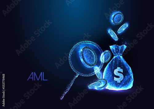 Concept of Anti money laundering in futuristic glowing low polygonal style on dark blue background photo