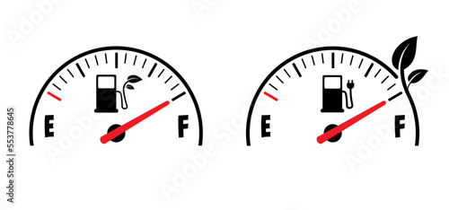 Cartoon fuel gauge. Car flling station. Petrol pump or electric plug meter. Electrical cable with pump. Gas station, bio fuel pump station or biodiesel. Biofuel indicator. Scale, level with arrow.