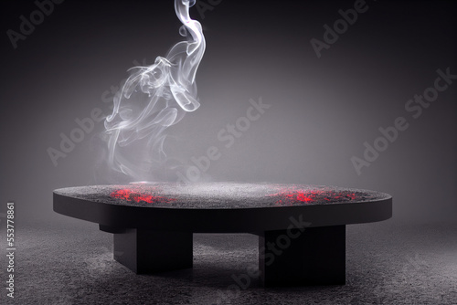 Gray textured concrete platform, podium or table with smoke on gray background