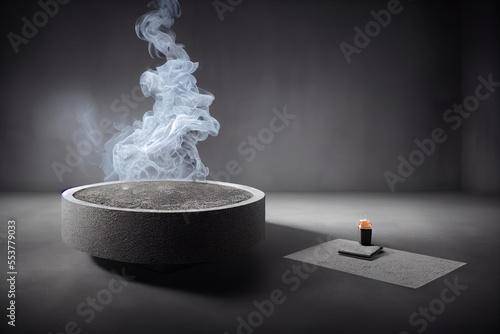 Gray textured concrete platform, podium or table with smoke on gray background