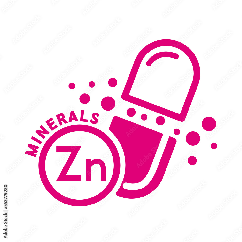 Obraz premium Minerals zinc icon and capsule pink form simple line isolated on white background. Medical symbol science concept. Vector EPS10 illustration.