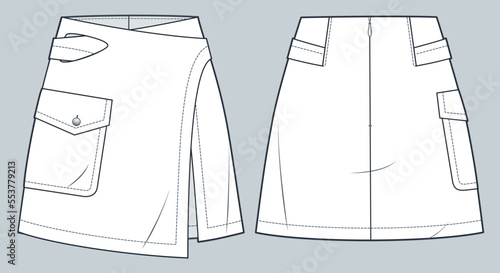  Wrap Mini Skirt technical fashion illustration. Asymmetric Skirt fashion flat technical drawing template, pocket, zip-up, front and back view, white, women CAD mockup.