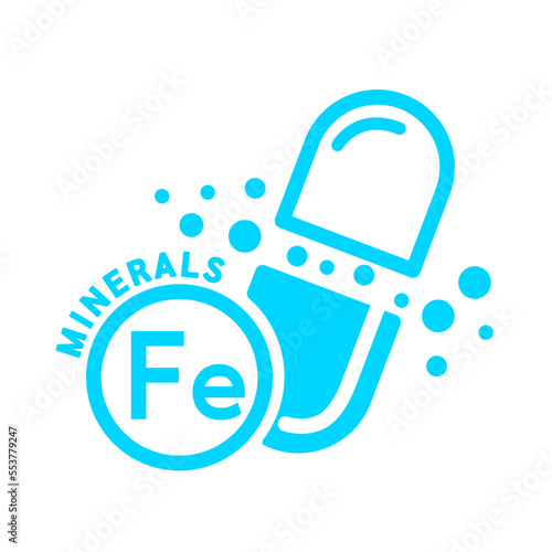 Minerals iron icon and capsule blue form simple line isolated on white background. Medical symbol science concept. Vector EPS10 illustration.