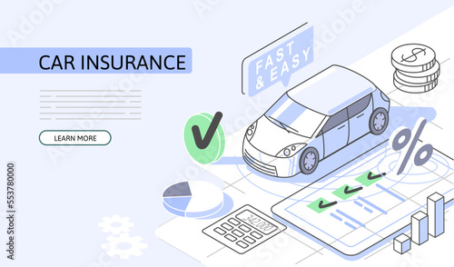 Car Insurance Isometric Concept. Use for web banner, infographics. Flat illustration editable line.