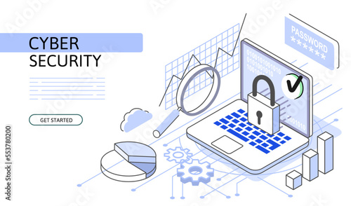 Laptop lock Isometric security Concept. Use for web page, banner, infographics. Flat illustration editable line.