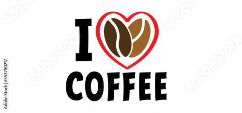 Cartoon slogan i love coffee. Coffee break or time. Drawing coffee up. Coffee time. Vector quote icon or logo. Love, heart and beens doodle. Shining heart aroma. 
