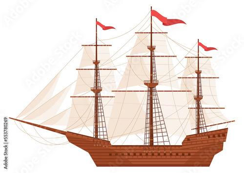 Ancient sailing ship. Wooden deck caravel color icon