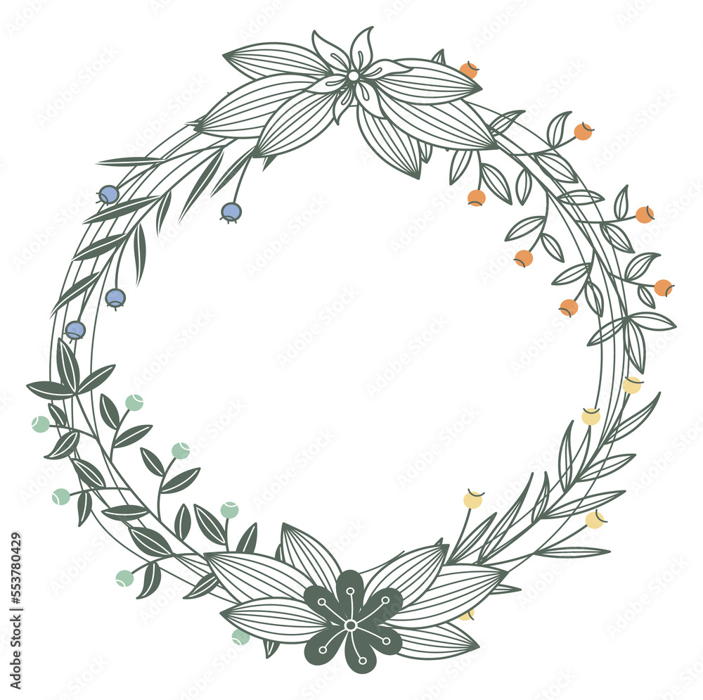 Floral branch wreath with flowers. Decorative ornate element