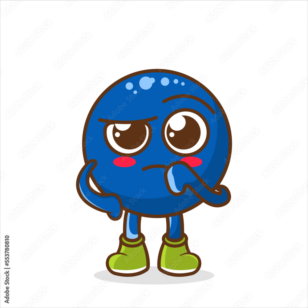 blueberry cartoon mascot character in a confused gesture
