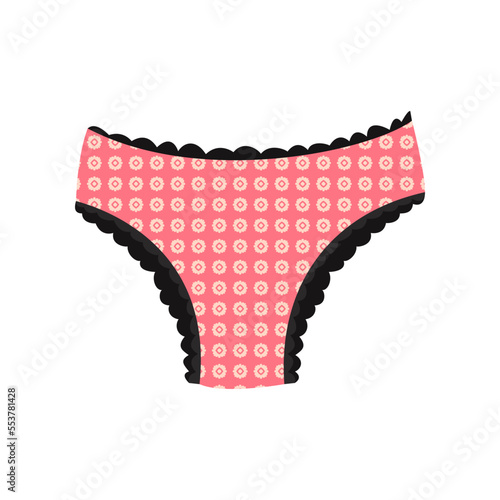 Pink dotted women panties with frills cartoon illustration. Cartoon drawing of female cotton or silk underwear, slip isolated on white background. Lingerie, femininity, glamour concept