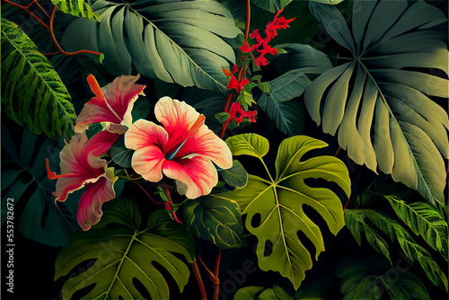 lush vegetation and hibiscus flower patter ideal for tropical and exotic backgrounds