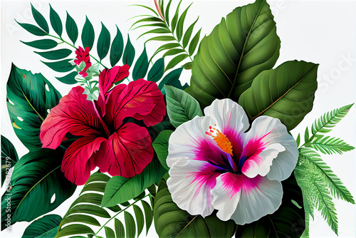 lush vegetation and hibiscus flower patter ideal for tropical and exotic backgrounds photo