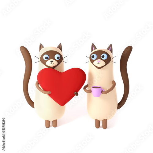 Happy Valentine's Day. Romantic couple сats creative composition. Realistic 3d Cartoon cute cats. Festive decorative objects, heart red, cup. Love time. 3D render. White background
